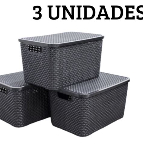 Kit 3 Caixas Organizadoras Cesto Multiuso Rattan 25 Litros Tampa