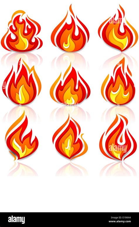 Fire Flames New Set With Reflection Vector Illustration 10eps Stock