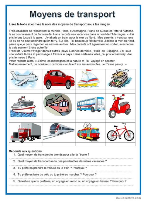 Moyens De Transport Compr Hension G Fran Ais Fle Fiches Pedagogiques