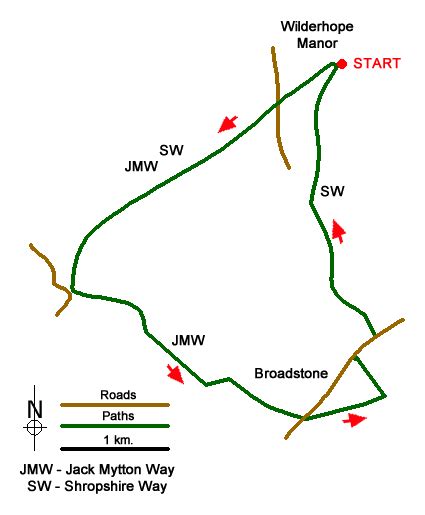 Wenlock Edge And Broadstone From Wilderhope Manor Walk Route Map