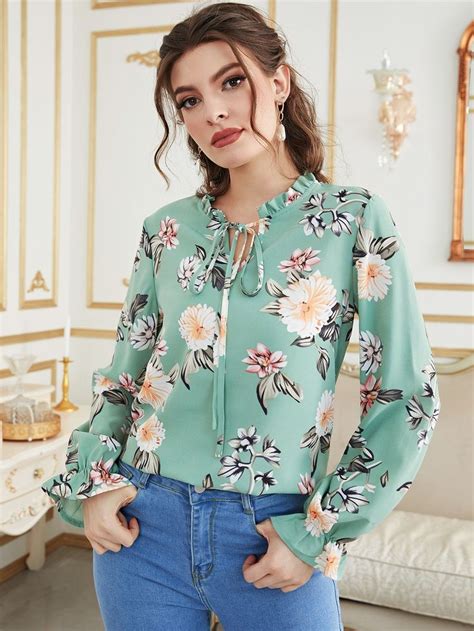 Floral Print Frill Trim Tie Neck Flounce Sleeve Blouse Full Sleeve