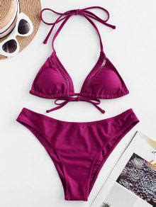 Zaful Pointelle Trim Halter Tie Bikini Swimsuit In Plum Pie Zaful