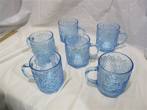 Set Of 6 Vintage KIG Indonesia Ice Blue Glass Coffee Mugs With Embossed