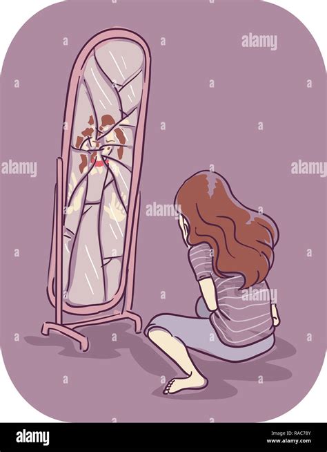 Illustration Of A Girl Sitting Down Crying And Hating Herself After Punching The Mirror Stock