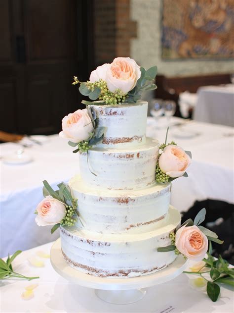 Semi Naked Cake With Opened Pink Roses French Wedding Cakes