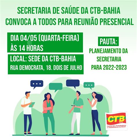 CTB Bahia Secretaria de Saúde da CTB BA convoca para reunião quarta