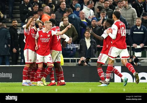 Arsenal's Oleksandr Zinchenko (second left) celebrates scoring their ...