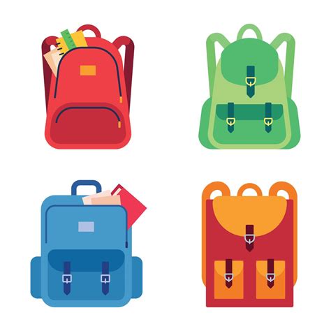 School bags, childish backpacks with stationery and notebooks. Kids