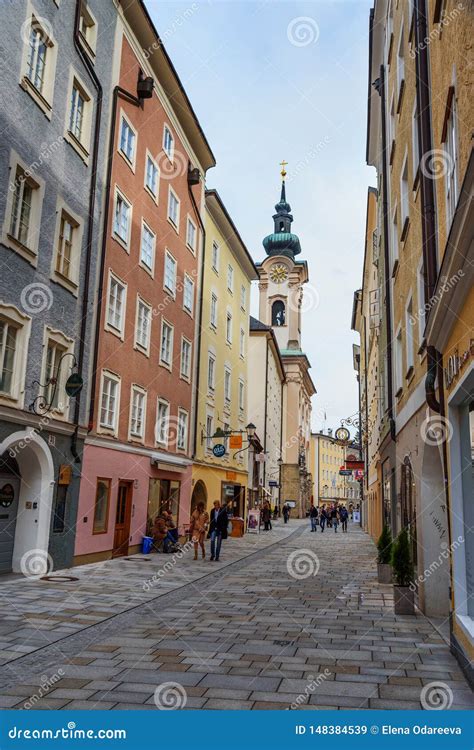 Popular Pedestrian Shopping Street Linzer Gasse In Salzburg Austria