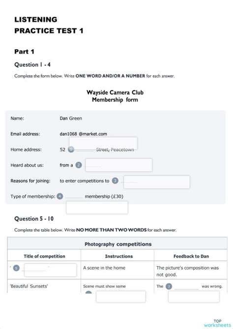 Listening Practice Test 1 Interactive Worksheet Topworksheets