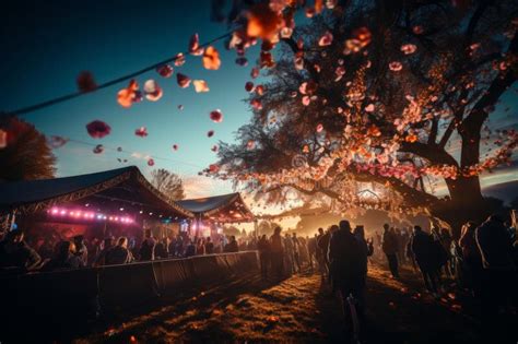 Colorful Outdoor Music Festival at Night with People Dancing and Confetti Falling from the Sky ...