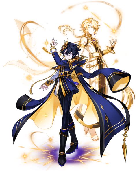 Two Anime Characters Dressed In Blue And Gold