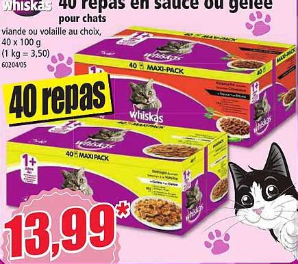 Promo Whiskas 40 Repas En Sauce Ou Gelee Pour Chats Chez Norma