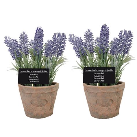 2x Stuks Kunstplanten Lavendel In Terracotta Pot 23 Cm Kunstplanten