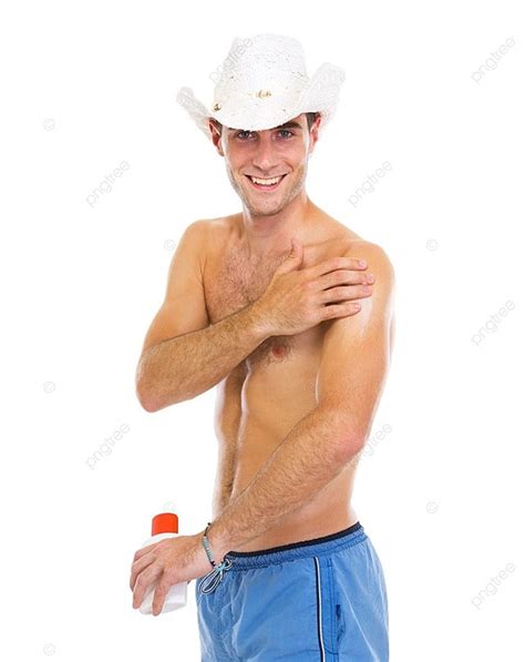 Hombre Feliz Con Sombrero Aplicando Crema Bloqueadora Solar En El Brazo