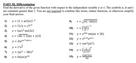 Solved Part Iii Differentiation Find The Derivative Of The Chegg