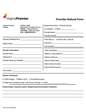 Fillable Online Virginia Premier Provider Claims Refund Form Provider