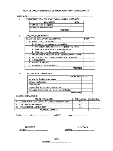 Ficha De Evaluacion Informe De Practicas Pre Profesionales Tipo