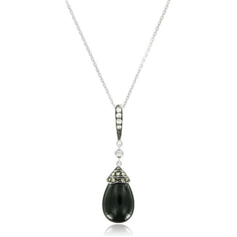 Onyx And White Topaz Tear Drop Necklace With K White Gold Chain