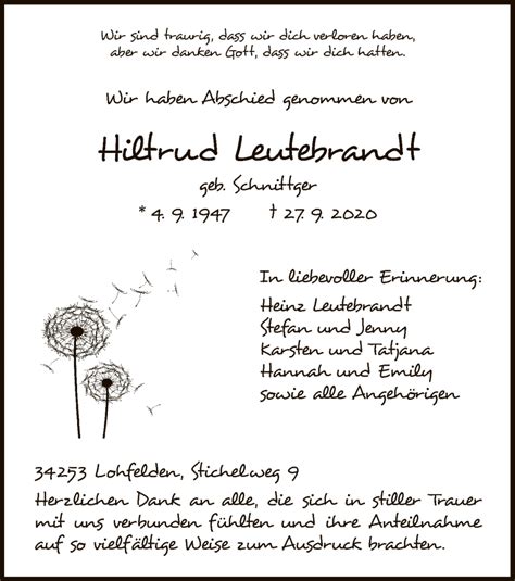 Traueranzeigen Von Hiltrud Leutebrandt Trauer Hna De