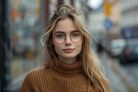 A Woman With Glasses Standing On A City Street Premium Ai Generated Image