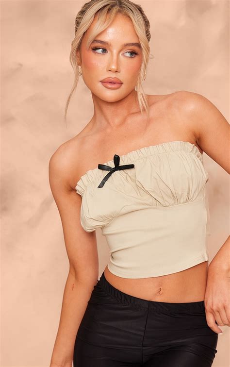 Stone Stretch Woven Bow Detail Ruched Bust Crop Tops