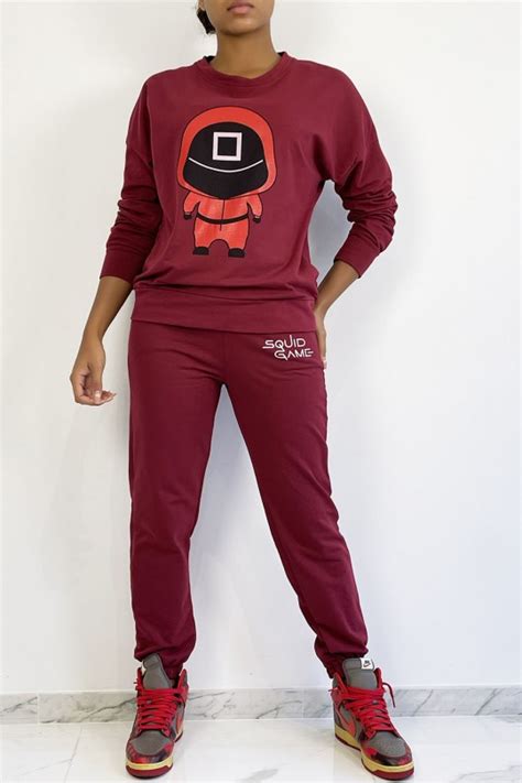 Ensemble jogging bordeaux avec dessin et écriture SQUID GAME