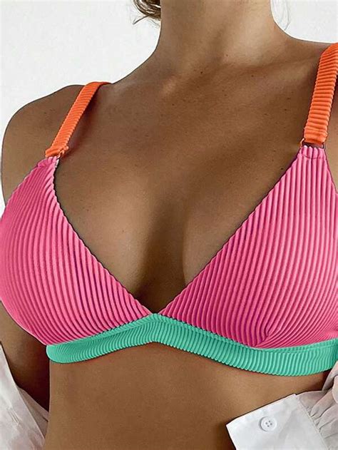 Colorblock Rib Ring Linked Bikini Swimsuit Shein Usa