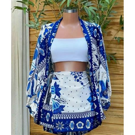 conjunto kimono short saia confortável cardigam femenino conjunto