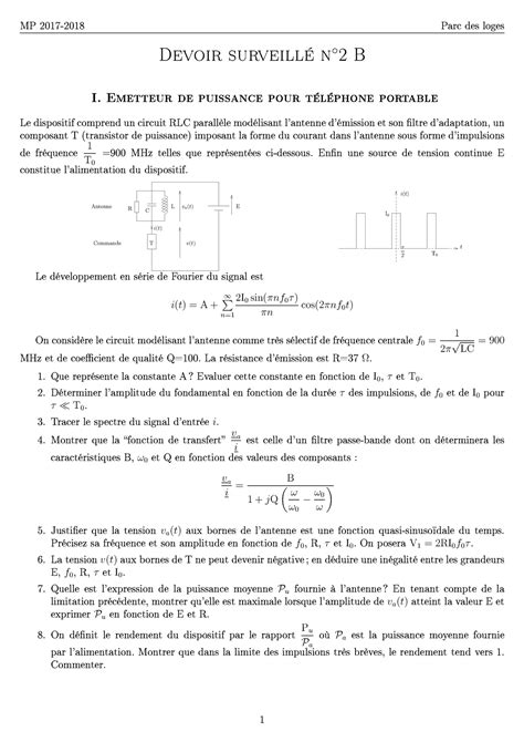 Devoir de phyzique 3 MP 2017 2018 Parc des loges Devoir surveillé n 2