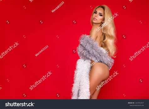 Sexy Naked Blonde Model Wearing Christmas Stock Photo 1257452977