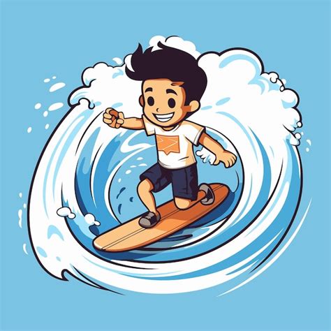 Ilustra O Vetorial De Um Menino Surfando Nas Ondas Em Estilo Desenho