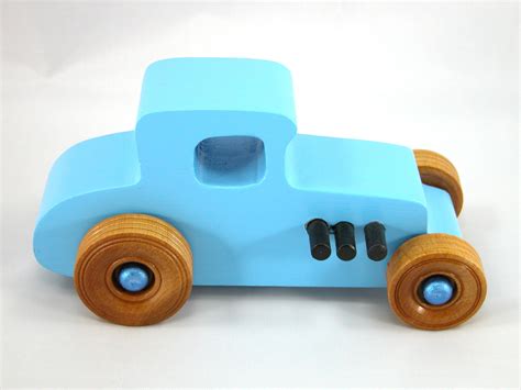 Wooden Toy Car Hot Rod 1927 T Coupe Handmade And Painted Baby Blue With Black And Metallic