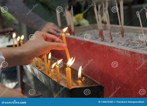 Lighted Candle And Incense For Buddha Selective Focus Stock Image