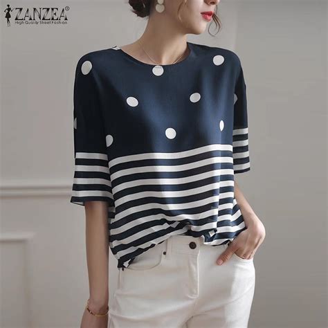 Купить ZANZEA Женская повседневная летняя блузка в полоску с коротким ...