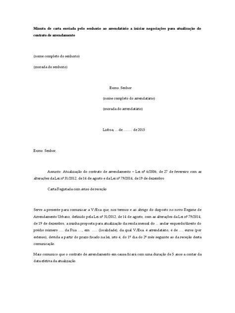 Atualização Do Contrato De Arrendamento Minutas De Cartas Entre Senhorio E Arrendatário Pdf