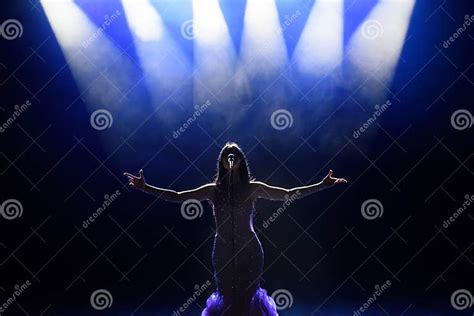 Singer Performing On Stage With Lights Concert View From The