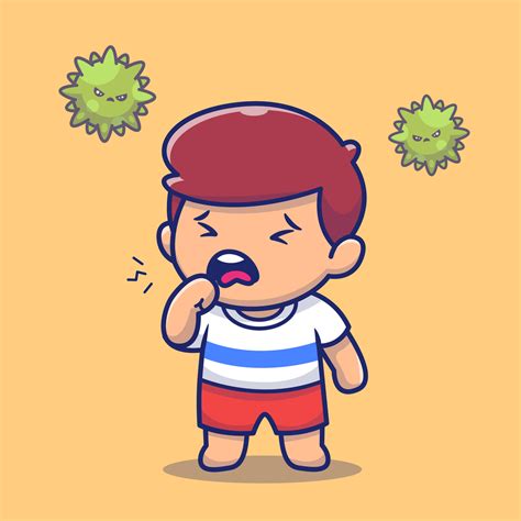 Cute Boy With Fever And Flu Cartoon Vector Icon Illustration People