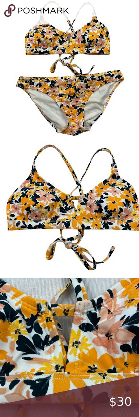 Kona Sol Yellow Floral Bralette Bikini Set Medium Floral Bralette