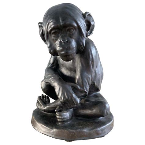 Rare Bronze Glazed Terracotta Chimpanzee Sculpture By Johannes Robert