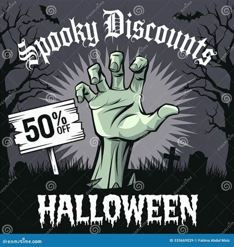 Zombie Hand in Graveyard with 50 OFF Sign for Spooky Halloween Sale