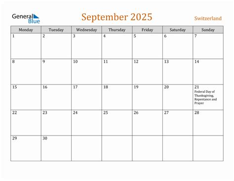 Free September 2025 Switzerland Calendar