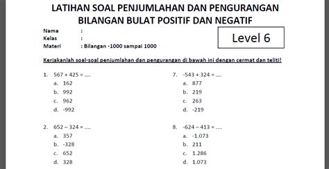 Soal Penjumlahan Dan Pengurangan Bilangan Bulat Positif Negatif Level