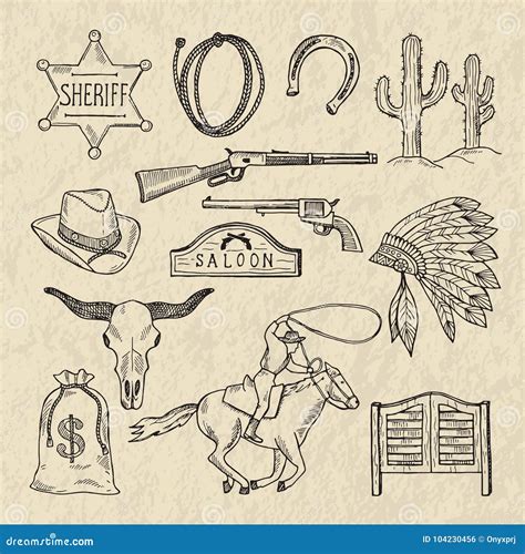 Monochrome Hand Drawn Illustrations Of Different Wild West Symbols