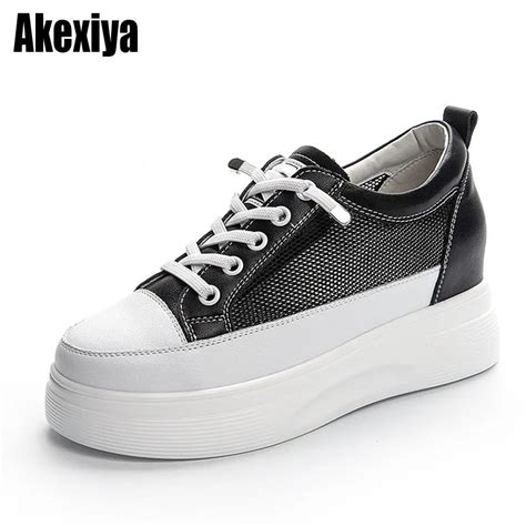 Genuine Leather White Casual Shoes Women Platform Sneaker Black