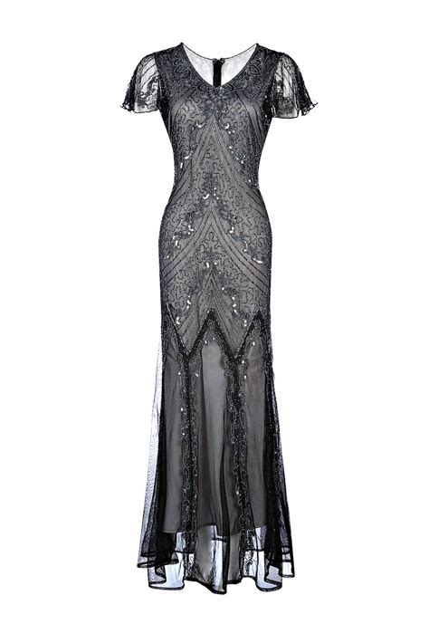 Ellen Beaded Flapper Dress 1920s Great Gatsby Inspired Downton Abbey Grey Wedding Dress Long