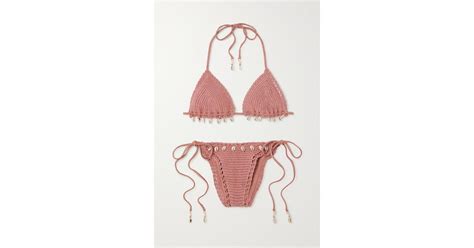 Zimmermann Cassia Rose Shell Embellished Crochet Knit Bikini In Natural