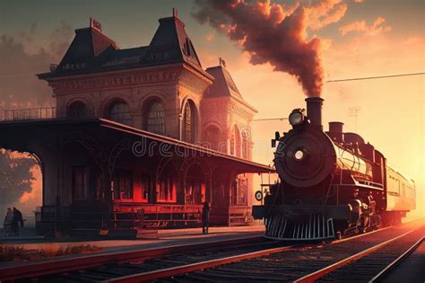 Vintage Train Station With Steam Locomotive Pulling Out Of The Station