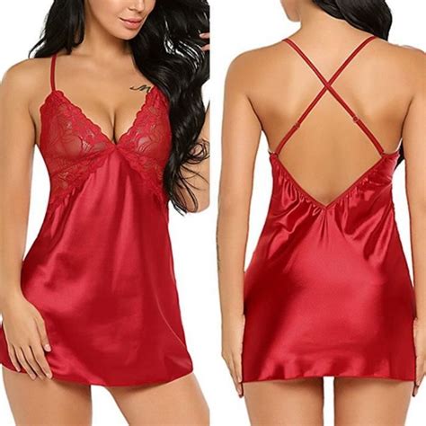 Chemise De Nuit En Satin Pour Femmes Lingerie Sexy Ensemble Nuisette Costumes Érotiques Chauds