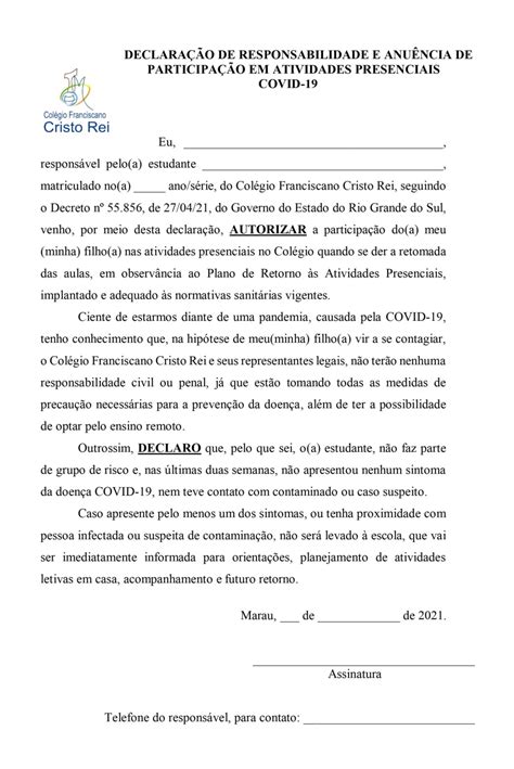 Declaração para Aula Presencial Colégio Franciscano Cristo Rei